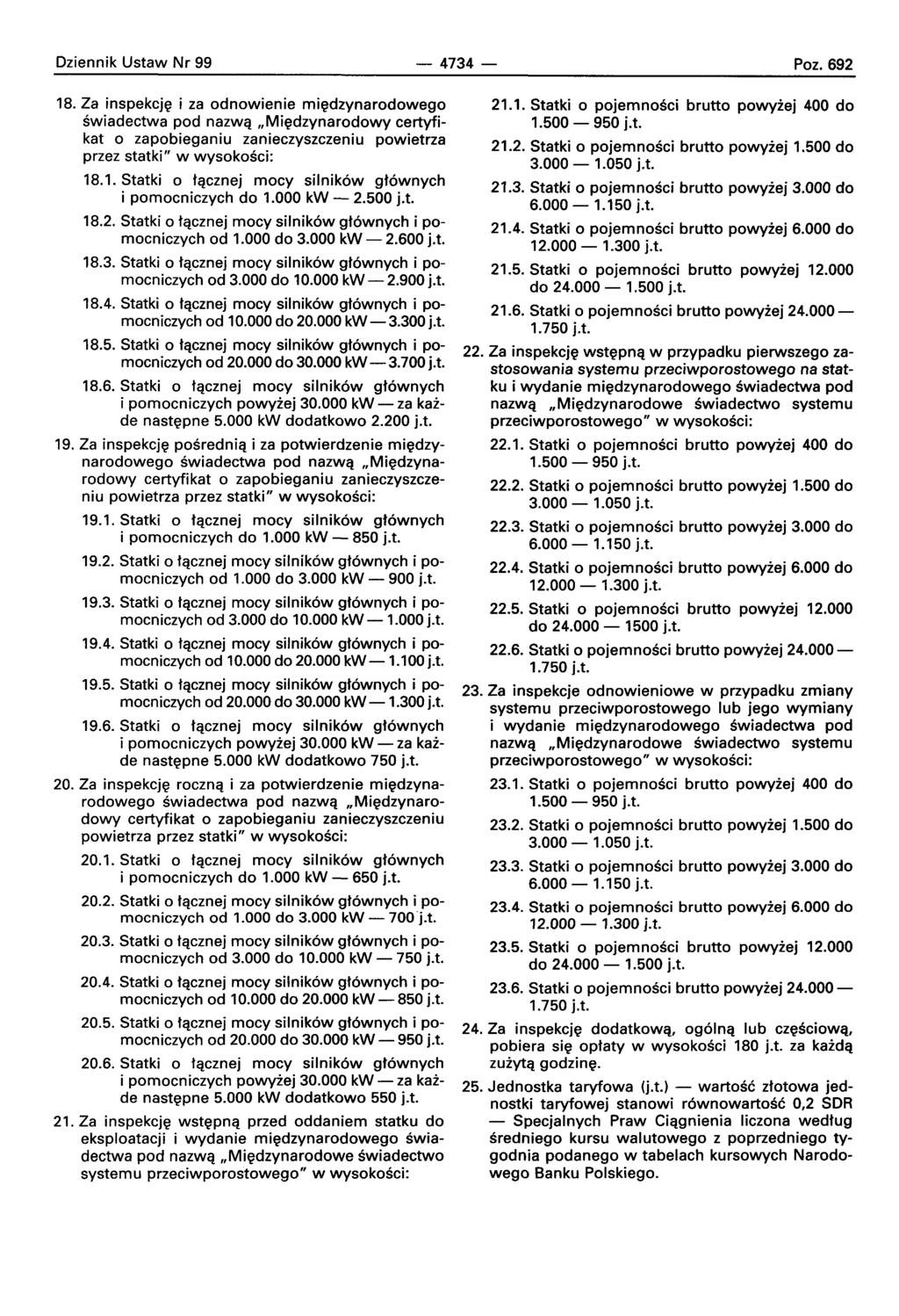 Dziennik Ustaw Nr 99-4734- Poz. 692 18. Za inspekcje i za odnowienie miedzvnarodoweqo swiadectwa pod nazwa.