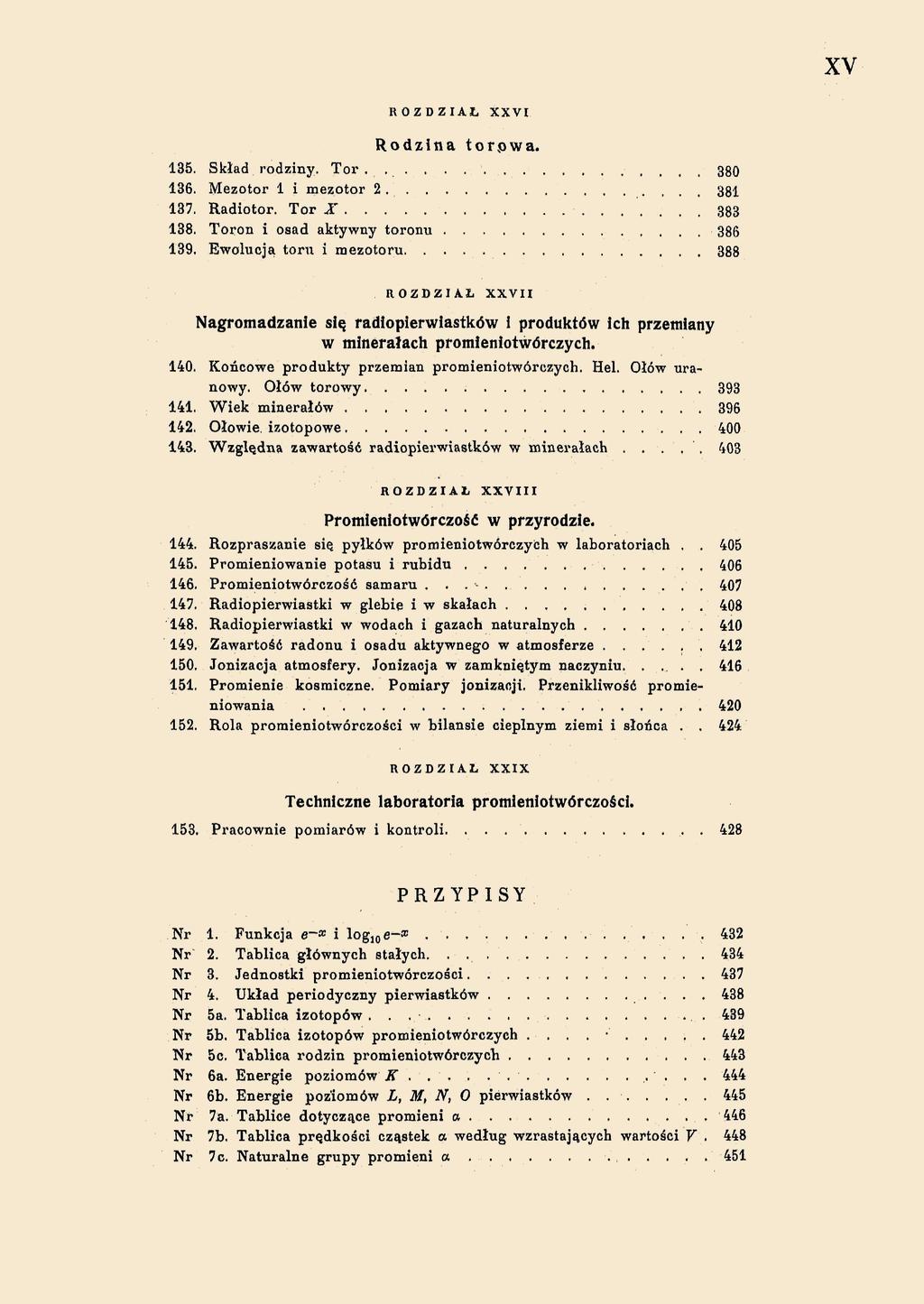 XV XXVI Rodzina torpwa. 135. Skład rodziny. Tor. 380 136. Mezotor 1 i mezotor 2. 381 137. Radiotor. Tor X 383 138. Toron i osad aktywny toronu 386 139.