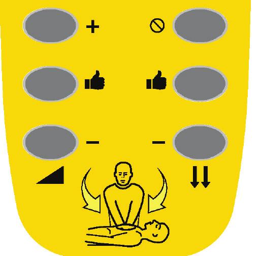 Defibrylator HeartSine PAD 500P Trainer założy wstępnie, że wykonywane uciski są prawidłowe i odtworzy komunikat dźwiękowy: Dobre uciski Przyciski sterujące RKO znajdują się na dole pilota.