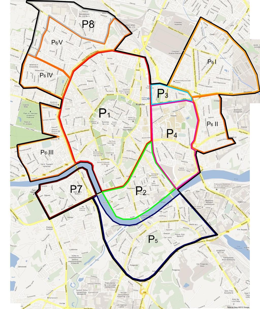 Strefa P 1 wydzielona konturem czerwonym (obejmuje ul. Dietla po stronie numerów parzystych, a także Aleje Z. Krasińskiego po stronie numerów nieparzystych, A.