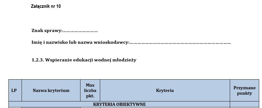 LSR KRYTERIA - Załącznik nr 10 Maksymalna liczba punktów 100