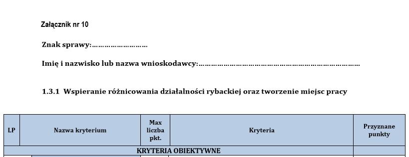 LSR KRYTERIA - Załącznik nr 10 Maksymalna liczba punktów 100 Liczba kryteriów 11