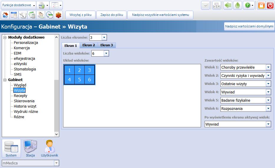 Konfiguracja wyglądu okien Gabinetu wybór dowolnej liczby z listy rozwijanej. Natomiast w polu "Zawartość widoków" może dokonać wyboru zawartości poszczególnych widoków oraz wskazać ich układ (np.