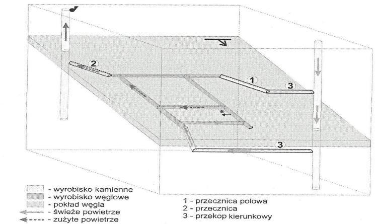 6 A. Dudek przekop kierunkowy - poziome wyrobisko utworzone w skale równolegle do długości pokładów, prowadzone od przecznicy głównej do przecznic polowych 3. Rys.