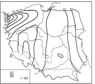 Rys. 2. Izogradienty południkowy Fig. 2. Latitudinal isogradients temperatury powietrza w Polsce rok (I-XII) of air temperature in Poland year (I-XII) Rys.