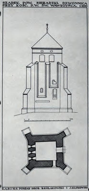 260 Szadek na starej fotografii Fot. 24. Rzut dzwonnicy przykościelnej parafii pw. Wniebowzięcia Najświętszej Maryi Panny i św.