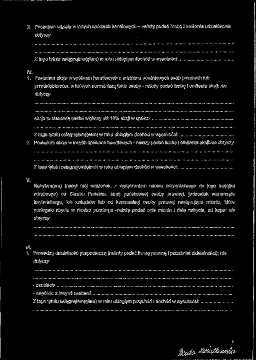 2. Posiadam udziały w innych spółkach handlowych - należy podać liczbę i emitenta udziałów:n/e IV. 1.