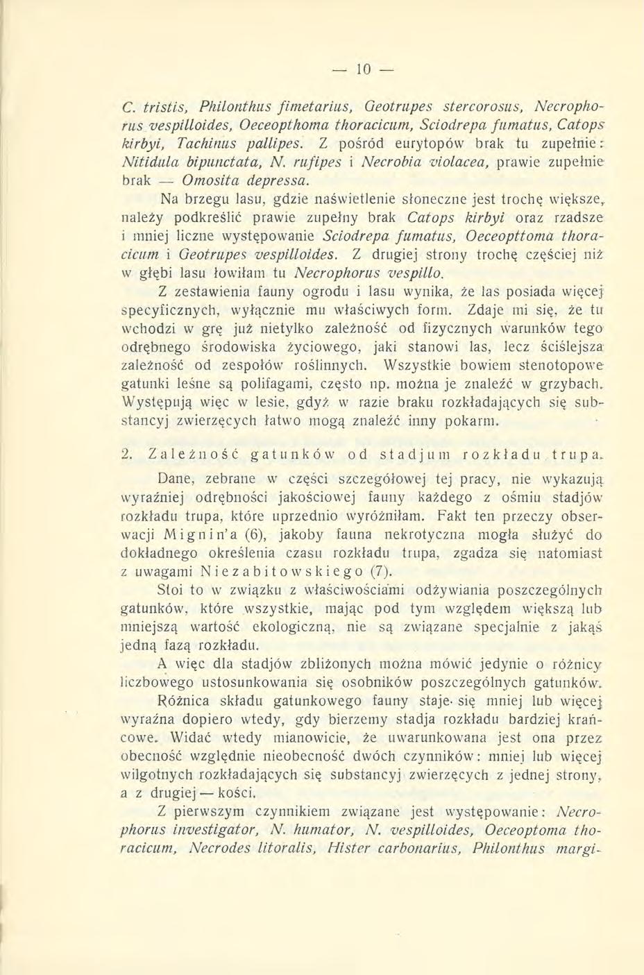 C. tństis, Philonthus fimetarius, Geotrupes stercorosus, Necrophorus yespilloides, Oeceopthoma thoraciciim, Sciodrepa fiimatus, Catops klrbyi, Tachimis pallipes.