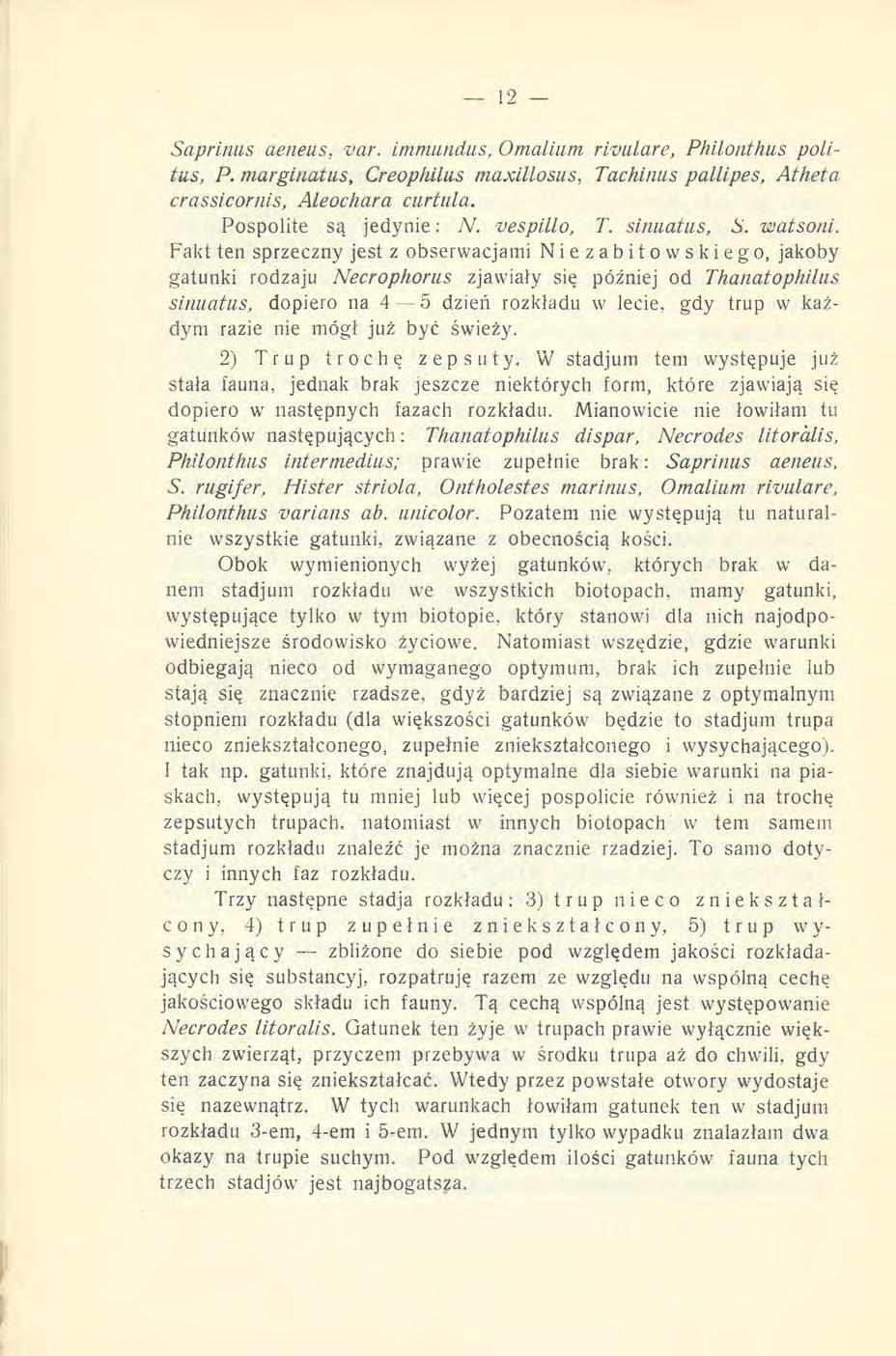 Saprinus aeneus, var. immiindus, Omalium rivulare, Phiionthus politus, P. margitiatus, Creophilas maxillosus, Tachinus pallipes, Atheta crassicornis, Aleochara curtula. Pospolite są jedynie: N.