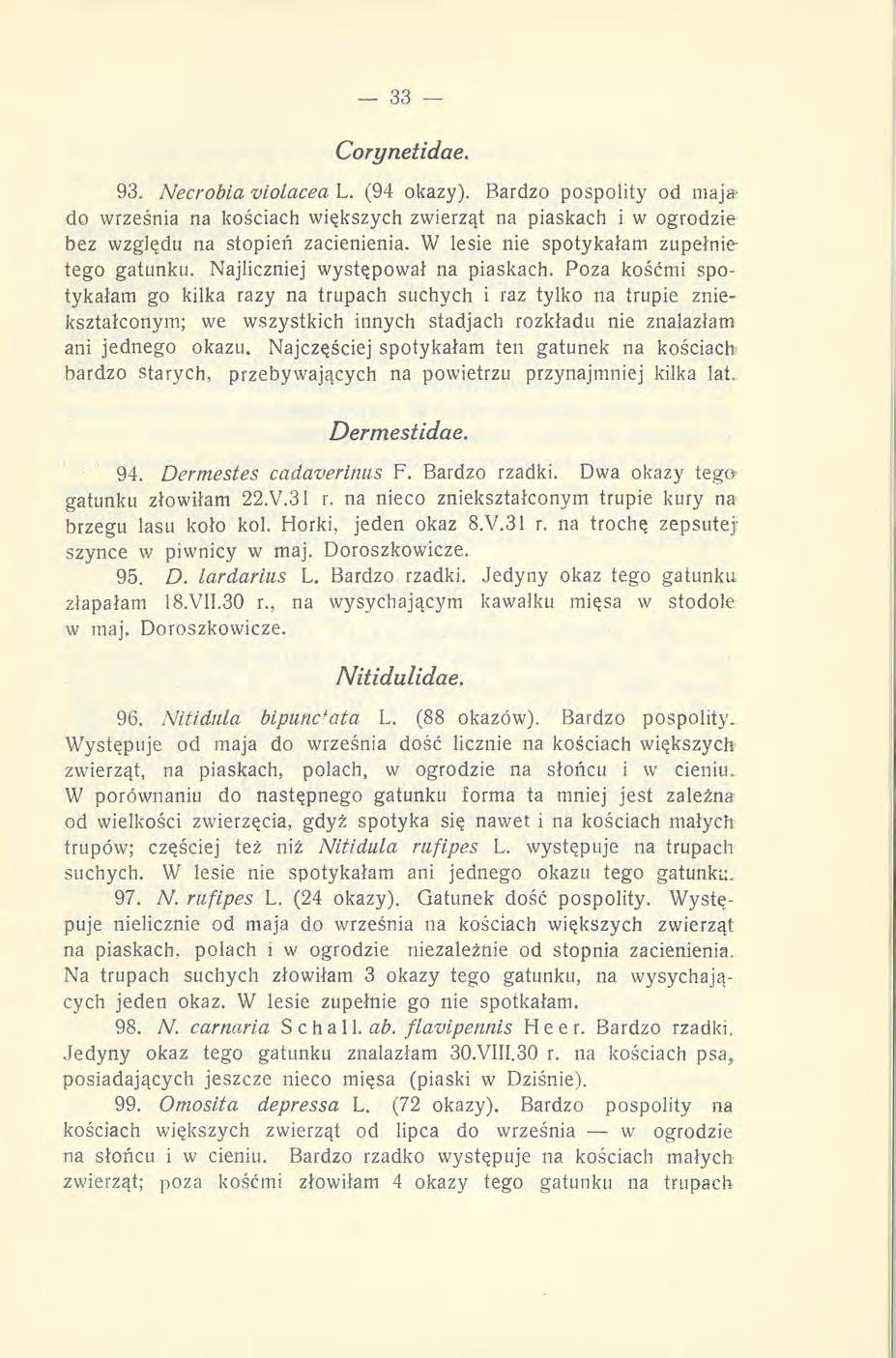 Corynetidae. 93. Necrobia violacea L. (94 okazy). Bardzo pospolity od majado września na kościach większych zwierząt na piaskach i w ogrodzie bez względu na stopień zacienienia.