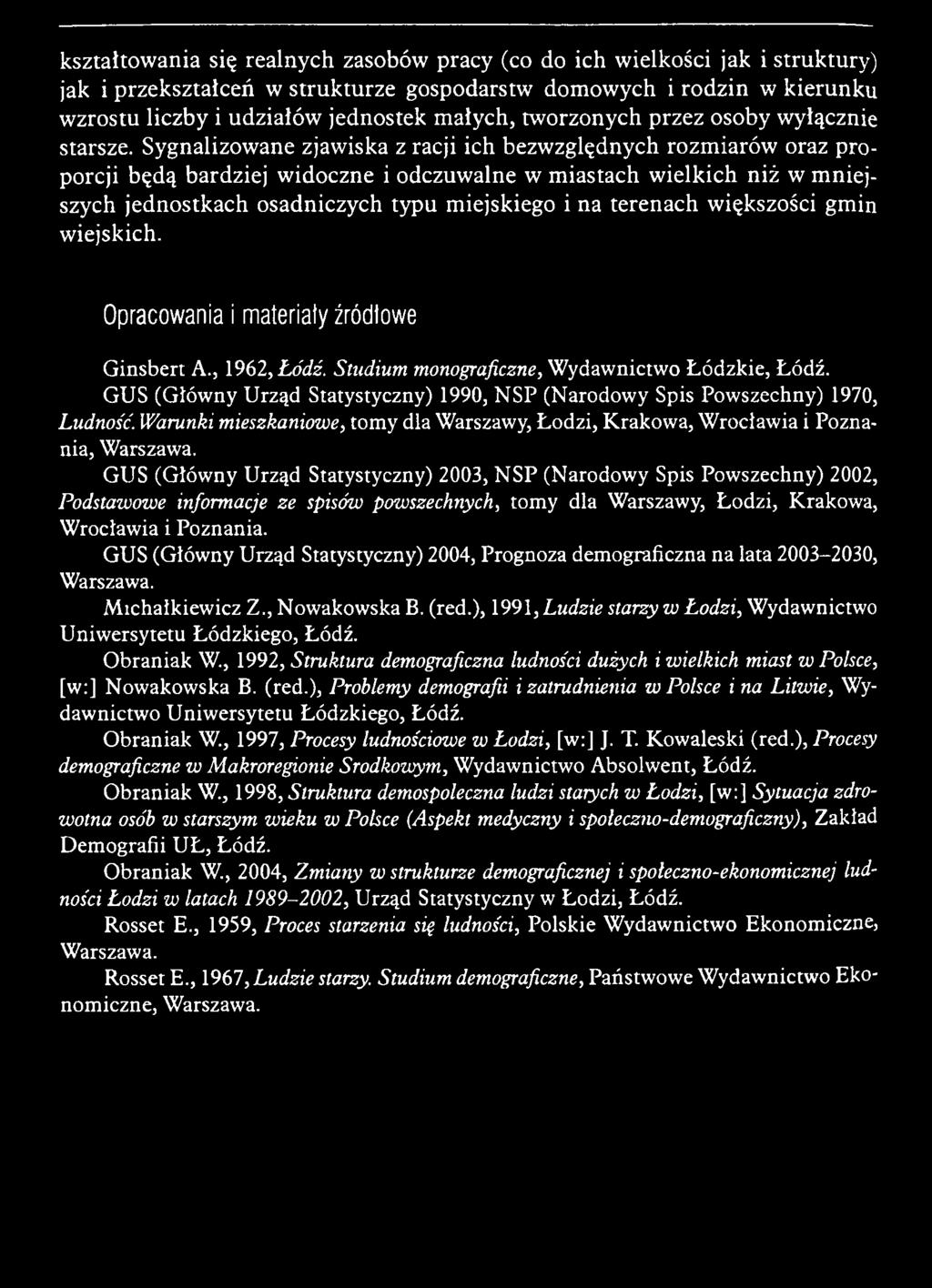 GUS (Główny Urząd Statystyczny) 1990, NSP (Narodowy Spis Powszechny) 1970, Ludność. Warunki mieszkaniowe, tomy dla Warszawy, Łodzi, Krakowa, Wrocławia i Poznania, Warszawa.