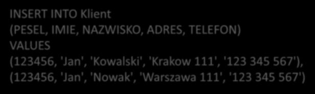 Następnie powinien wprowadzić dane za pomocą polecenia: INSERT INTO Klient (PESEL, IMIE, NAZWISKO, ADRES, TELEFON)