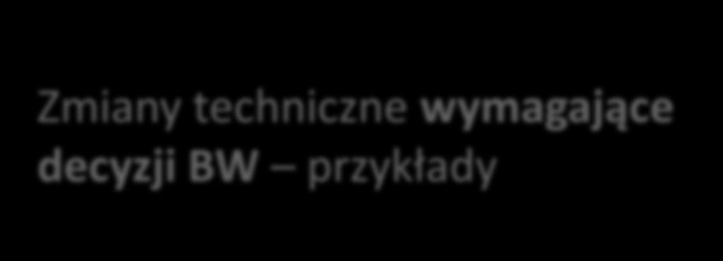 Zmiany techniczne wymagające decyzji BW przykłady Projekt może zmodyfikować budżet projektu do 20% wartości poszczególnych (zmienianych) kategorii wydatków liczonych od pierwotnych wartości Zmiana w