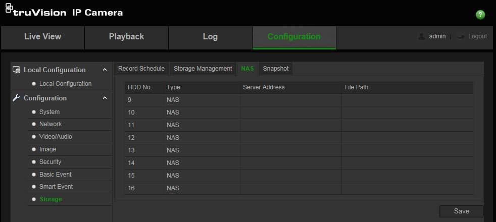 Rysunek 14: menu NAS Aby skonfigurować system NAS: 1. Kliknij opcję Configuration > Storage > NAS (Konfiguracja > Pamięć masowa > NAS). 2. Podaj adres IP dysku sieciowego i ścieżkę do dysku NAS. 3.