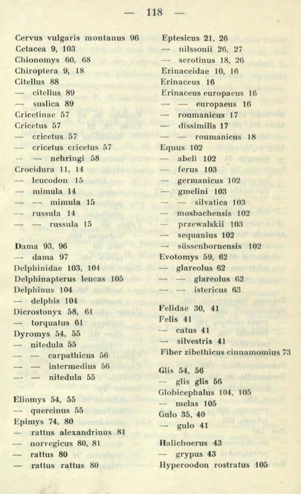 118 Cervus vulgaris m ontanus 96 Cetacea 9, 103 Chionomys 60, 68 Chiroptera 9, 18 Citellus 88 citellus 89 suslica 89 Cricetinae 57 Cricetus 57 cricetus 57 cricetus cricetus 57 nehringi 58 Crocidura
