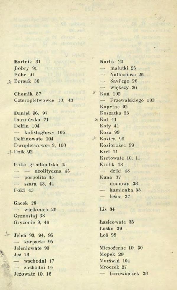 Bartnik 31 Bobry 01 Bóbr 91 Borsuk 36 Chomik 57 Czteropletwowce 10, 43 Daniel 96, 97 Darniówka 71 Delfin 104 kulistogłowy 105 Delfinowate 104 Dwupletwowce 9, 103 Dzik 92 Foka grenlandzka 45