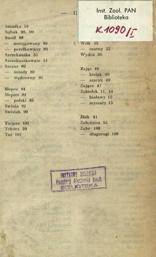Smużka 53 Suhak 98, 99 SuseJ 88 moręgowany 89 perełkowany 89 Szczckuszka 51 Szczekuszkowate 51 A Szczur 80 śniady 80 wędrowny 81 Ślepce 84 Ślepiec 84 г polski 85 Świnia 92 Świstak 90 T