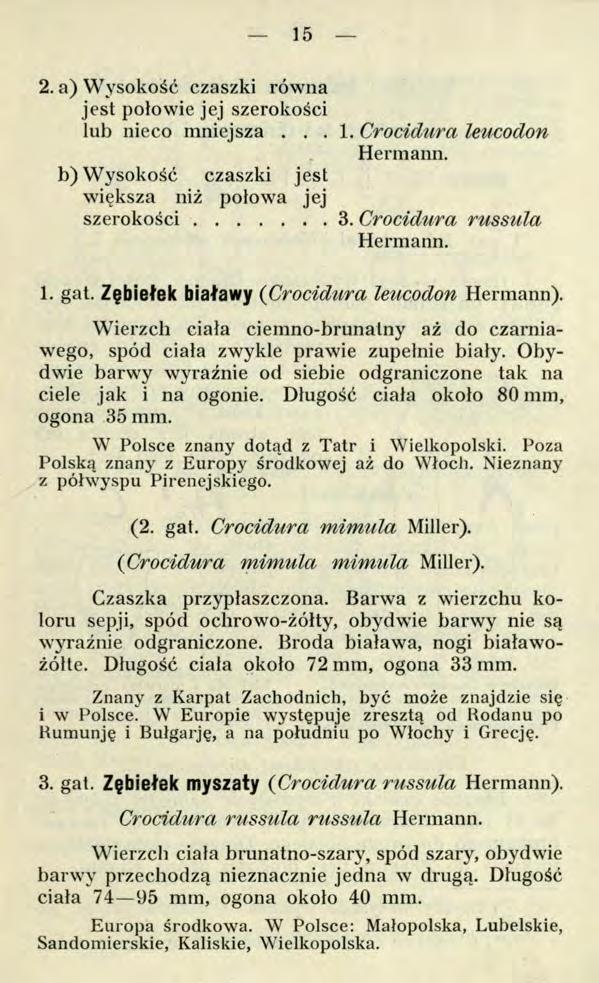 15 2. a) Wysokość czaszki równa jest połowie jej szerokości lub nieco mniejsza... 1. Crocidura leucodon Hermann. b) Wysokość czaszki jest większa niż połowa jej szerokości...3.