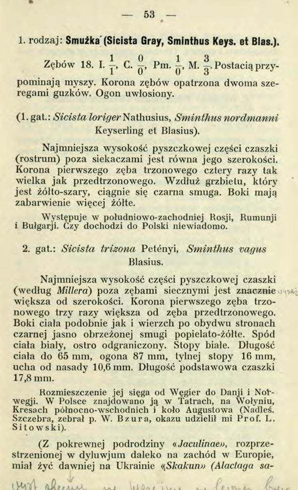 J 11 À ù r\ î \. \j * i i ( ù i Y V -.. * 53 1. rodzaj: Smużka (Sicista Gray, Sminthus Keys, et Bias.). Zębów 18. I., С. Ц, Pm. M. Postacią przypominają myszy.