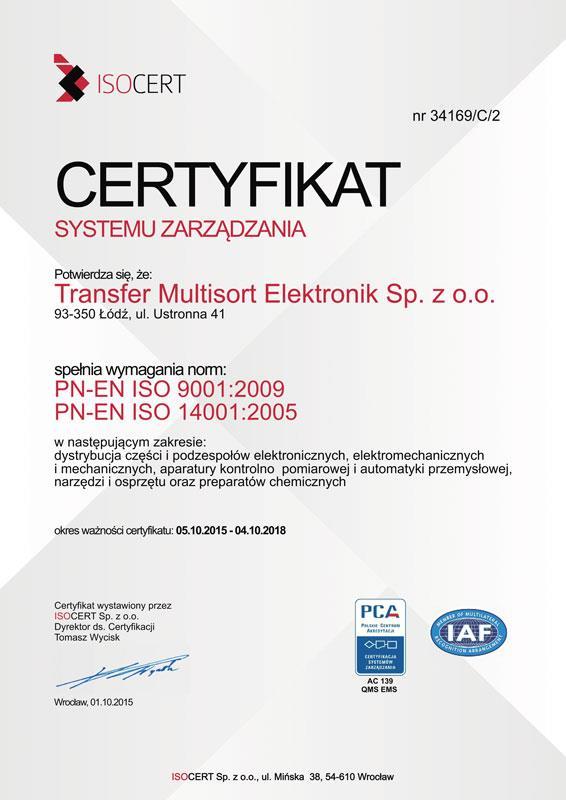 systemu kontroli jakości ISO9001:2009, co potwierdza