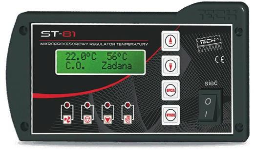 VALDIKLIAI tech ST81 ventiliatoriaus, centrinio šildymo ir karšto vandens siurblių valdymas galimybė prijungti kambarinį valdiklį LCD ekranas centrinio šildymo, karšto vandens sistemos temperatūros