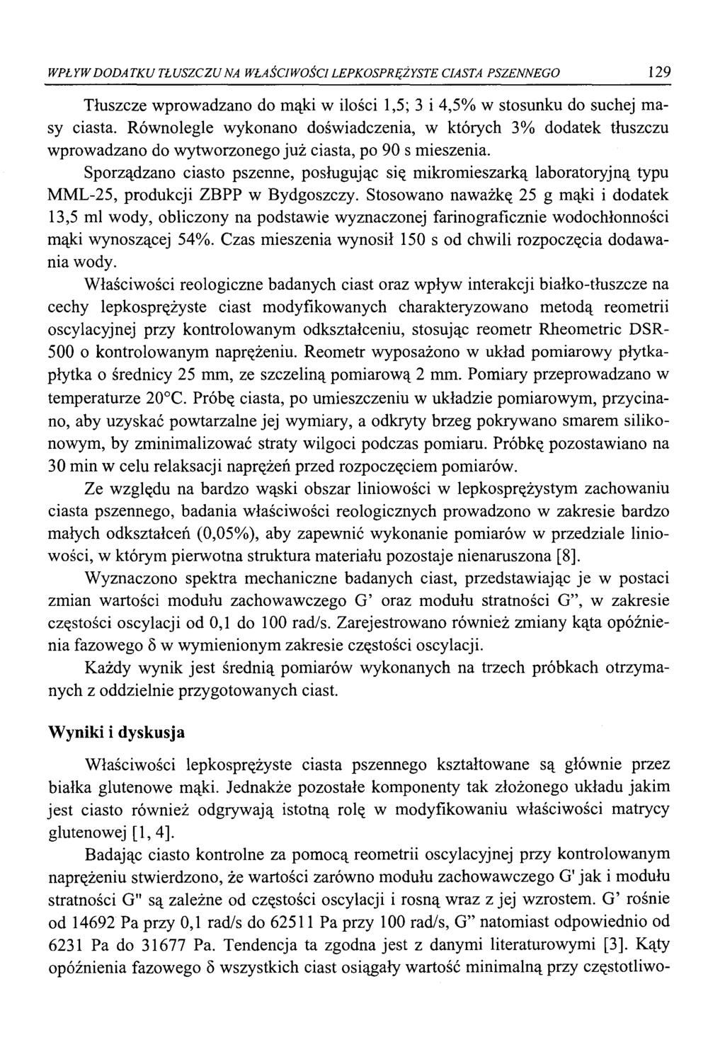 WPŁYW DODATKU TŁUSZCZU NA WŁAŚCIWOŚCI LEPKOSPRĘŻYSTE CIASTA PSZENNEGO 129 Tłuszcze wprowadzano do mąki w ilości 1,5; 3 i 4,5% w stosunku do suchej masy ciasta.