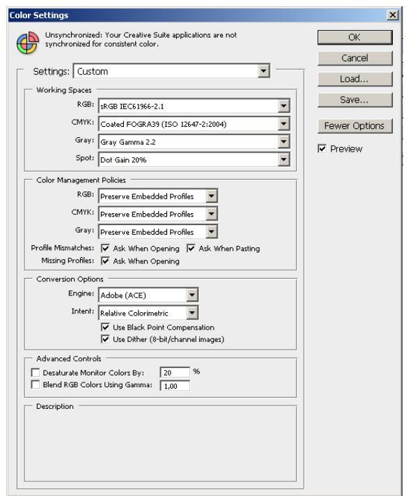 Nie są to jedyne możliwe ustawienia okna "Color Settings", jednak w przypadku mniej zaawansowanych użytkowników profili ICC, pozwola na uniknięcie wielu błędów.