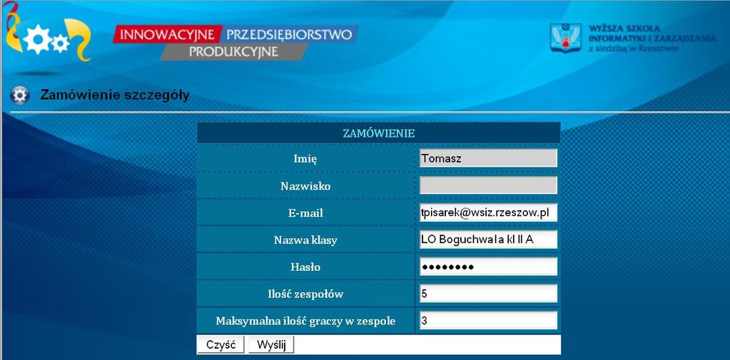 Po wypełnieniu formularza prowadzący naciskają przycisk wyślij. UWAGA! Jedyna różnica jest taka, iż nie ustalamy nowego hasła tylko podajmy hasło już wcześniej ustalone 4.