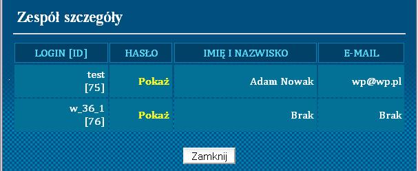 Po wybraniu przycisku: pokaż w kolumnie szczegóły, można zobaczyć: Loginy wszystkich graczy w zespole Przyciski umożliwiające podejrzenie haseł dla graczy Imiona i nazwiska członków zespołu E-maile