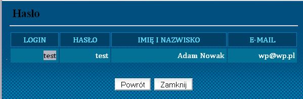 ustalone przez gracza Imię i nazwisko gracza Email podany przez gracza. Funkcja ta jest przydatna, w celu kontroli poczynań zawodników. UWAGA!