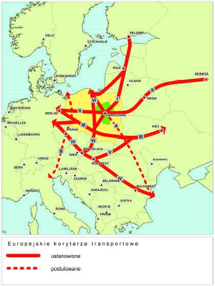 Mazowsze w kontekście międzynarodowym i krajowym Podstawowym wyróŝnikiem Mazowsza i determinantą dla rozwoju transportu jest jego połoŝenie w węźle trzech, z czterech przebiegających przez