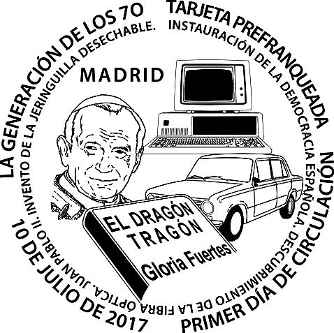 HISZPANIA ESP ESP17039 10.07.2017 ø 40 mm BARCELONA 10 DE JULIO DE 2017 LA GENERACIÓN DE LOS 70 TARJETA PREFRANQUEADA PRIMER DÍA DE CIRCULACIÓN DESCUBRIMIENTO DE LA FIBRA ÓPTICA. JUAN PABLO II.