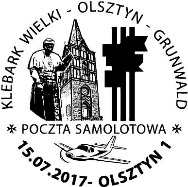 2017 POCZTA SAMOLOTOWA KLEBARK WIELKI - OLSZTYN - GUNWALD Pomnik Jana Pawła II według projektu