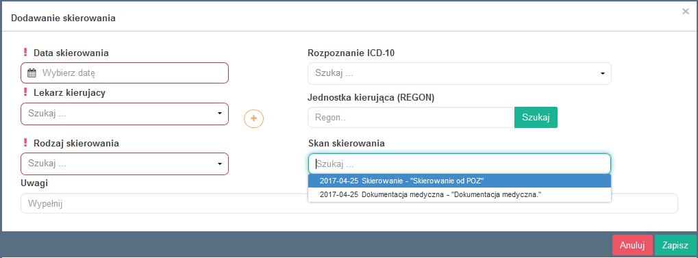 Rys. 19 Gdyby pacjent miał dodane załączniki to można byłoby z dostępnej listy wskazać skan skierowania. Rys.