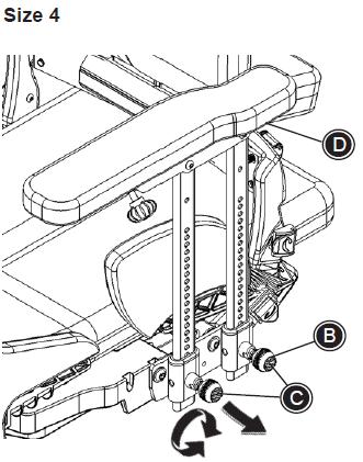 Ustawianie pod kątem poduszki podłokietnika: Poluzować uchwyt (B). Ustawianie pod kątem drążka podłokietnika (tylko rozm.