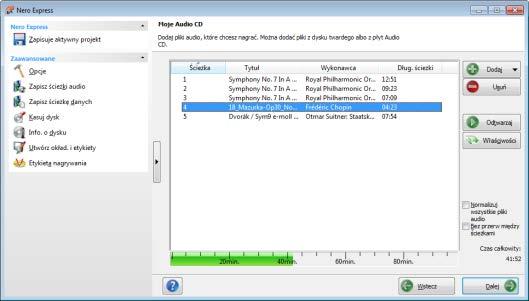 Muzyka 8. Dostosuj właściwości plików audio do własnych potrzeb. 9. Kliknij przycisk Dalej. Kompilowanie Audio CD przebiegło pomyślnie i kompilację można nagrać.