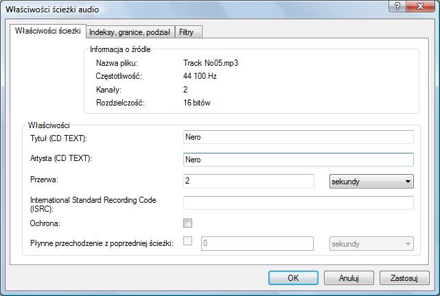 Muzyka Właściwości ścieżki audio W polu Właściwości dostępne są następujące pola do wprowadzania danych: Pole tekstowe Tytuł (CD TEXT) Pole tekstowe Wykonawca (CD TEXT) Pole tekstowe Wstrzymaj Pole