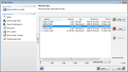 Wideo Ekran kompilacji Pliki DVD-Video Jeśli wybrane pliki DVD-Video są większe niż 4483 MB, a zainstalowana jest nagrywarka DVD obsługująca nagrywanie dwuwarstwowych płyt DVD (DVD DL), w rozwijanym