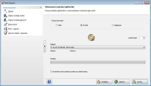 LightScribe Okno Właściwości wydruku LightScribe Dostępne są następujące opcje: Pole Kontrast wydruku Dopasowuje żądaną jakość wydruku. Ten przycisk opcji ustawiony jest domyślnie na jakość Normalną.