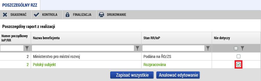 Wskaźniki Na zakładce Wskaźniki wyświetla się wykaz wszystkich wskaźników, które zostały wprowadzone we wniosku projektowym (2) i które zostały wprowadzone przez poszczególnych partnerów w raportach