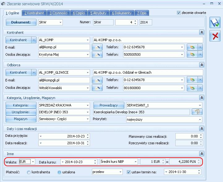 9.2 Rejestrowanie zlecenia serwisowego w walucie obcej Uwaga: Aby użytkownik miał możliwość rejestracji zleceń serwisowych w walucie innej niż systemowa (PLN) należy zaznaczyć w Konfiguracji firmy/