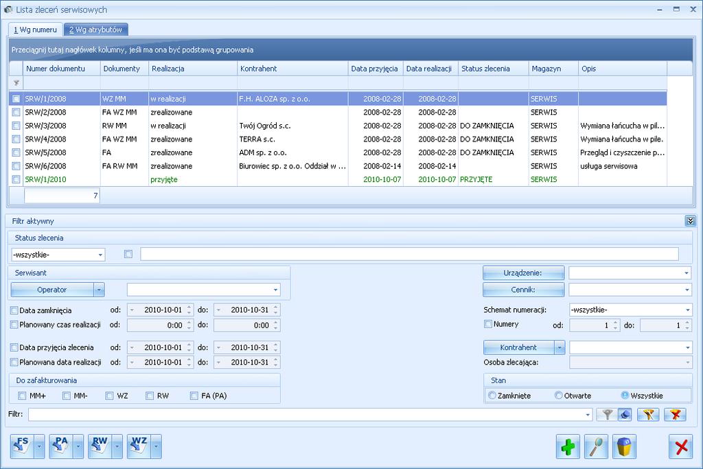 Lista obsługiwana jest przez standardowe przyciski: Rys. Lista zleceń serwisowych. - Dodaj - Zmień - Usuń - Usunięcie jest możliwe tylko w przypadku, gdy zlecenie nie zostało jeszcze zamknięte.