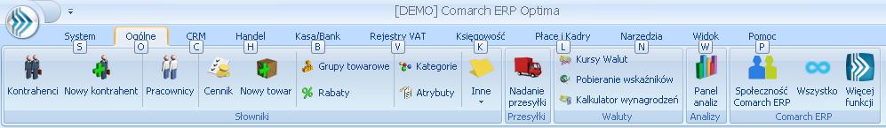 poszczególne funkcje wg modułów Comarch ERP Optima oraz zakładki zawierające funkcje wspólne: System, Ogólne, Narzędzia i Widok.