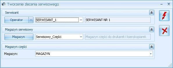 Jeżeli na formularzu Wzorca zlecenia cyklicznego nie ustawiono magazynu serwisowego dla zlecenia, magazynu dla poszczególnych części i/lub serwisanta dla poszczególnych części i czynności, wówczas w