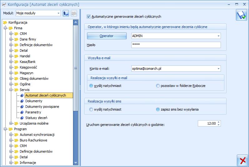 6.3.2 Automatyczne generowanie zleceń Aby automatyczne generowanie zleceń cyklicznych było możliwe, należy w pierwszym kroku uruchomić Serwis Operacji Automatycznych (Konfiguracja Stanowiska/ Serwis