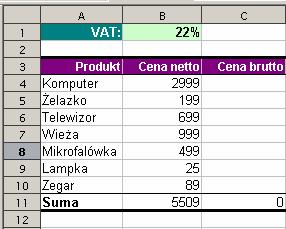 Ćwiczenie 6 Otwórz produkty.xls, zawiera on tabelę z cenami netto produktów.