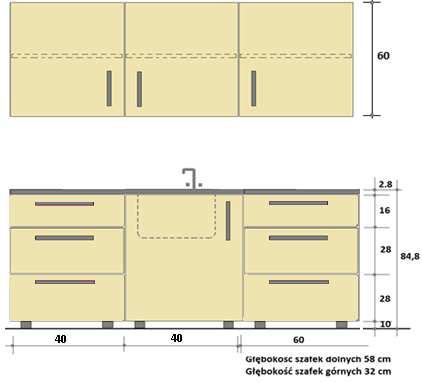 10. Szafki typu kuchennego - 1 komplet Wymiary szafek wysokość, szerokość, głębokość - jak na schematach powyżej. Dopuszcza się odchylenie od podanych wymiarów +/- 20mm.