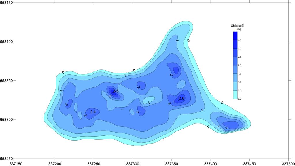 Batymetria Jeziora Radomyskiego Wskaźniki morfometryczne Jeziora Radomyskiego: powierzchnia (F) 2,11 ha, długośd (L) 273 m, średnia