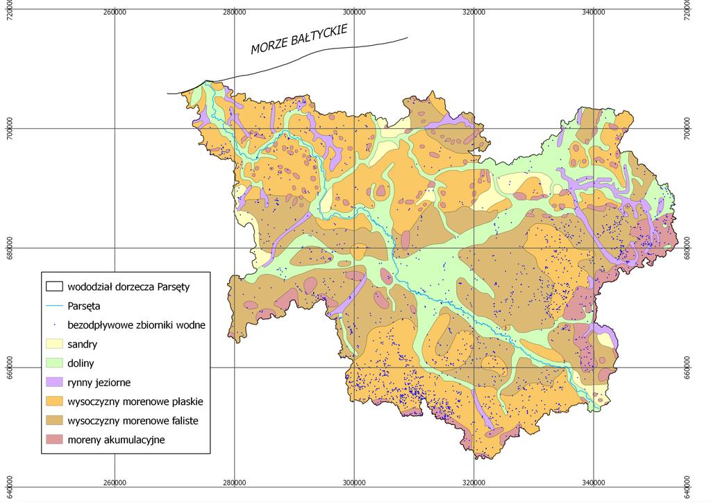 Rozmieszczenie bezodpływowych zbiorników wodnych w dorzeczu Parsęty na tle geomorfologii