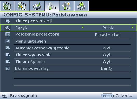 Ikona menu głównego Menu główne Podświetl Pod-menu Aktualny sygnał wejściowy Status Naciśnij Menu/Exit, aby powrócić do poprzedniej